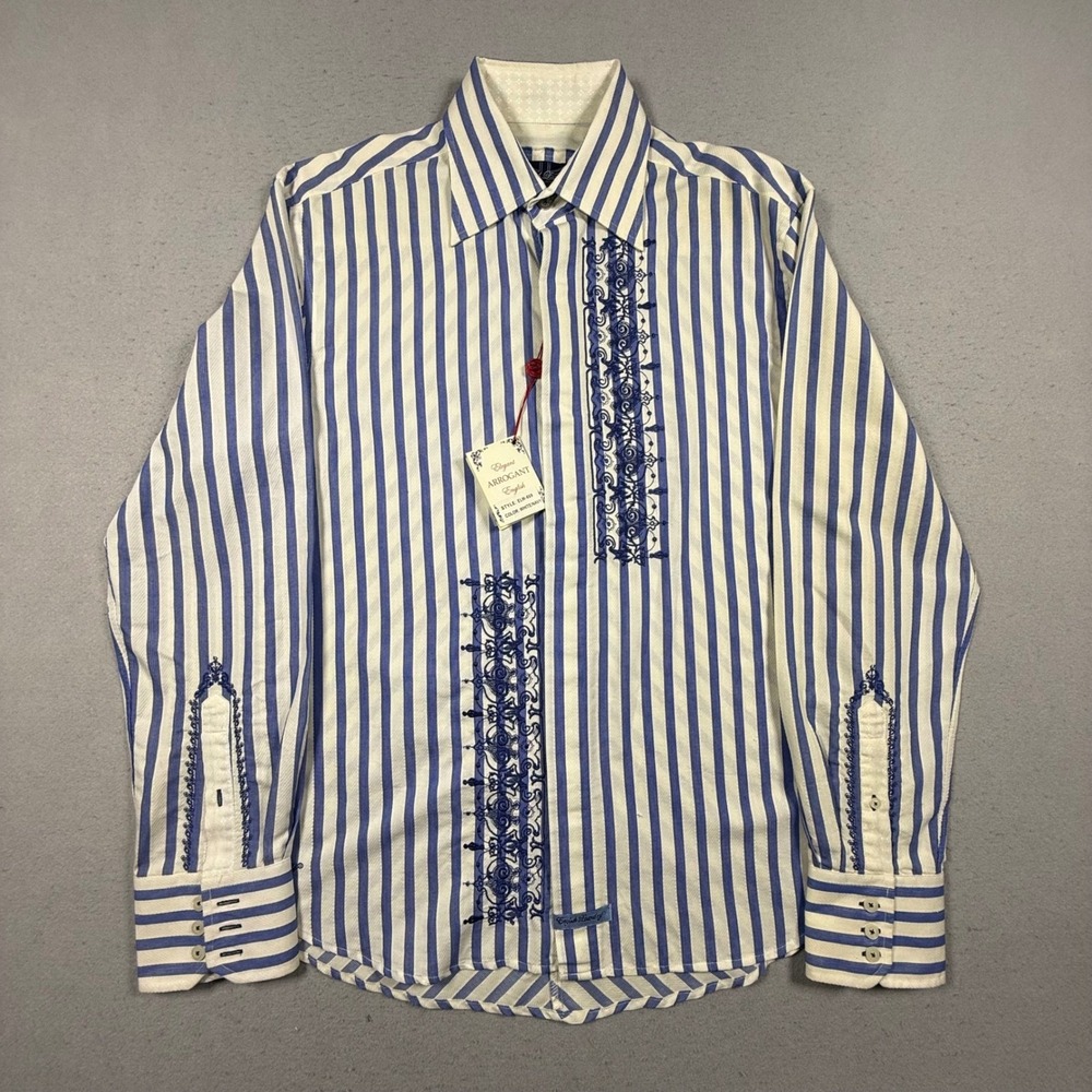 English Laundry Men Blue White Striped Embroidered Long Sleeve Button Down Shirt